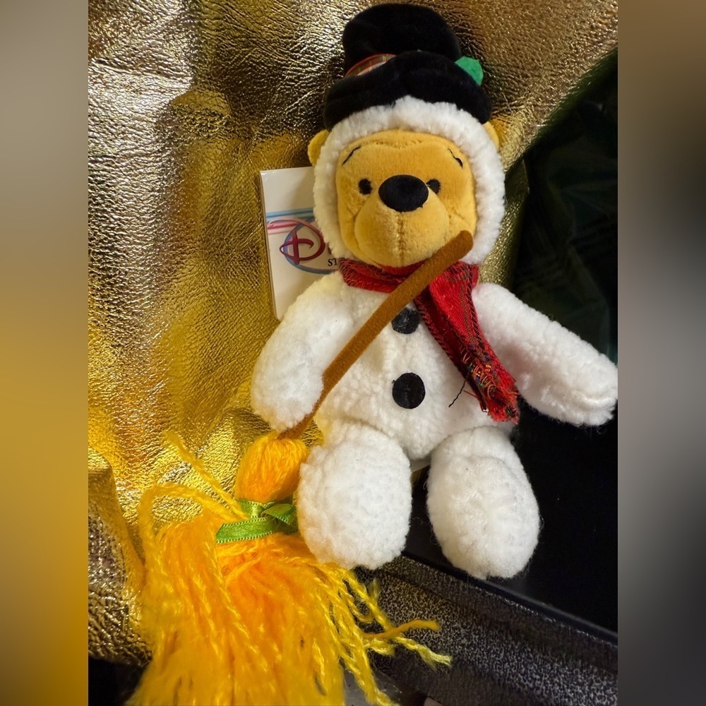 Disney Pooh Snowman Plush with Red Scarf and Black Hat 8”mini Bean Bag Stuffie